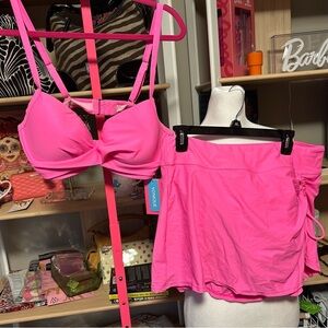Yonique Pink Bikini Top and Skirt bottom. Size XL NWT